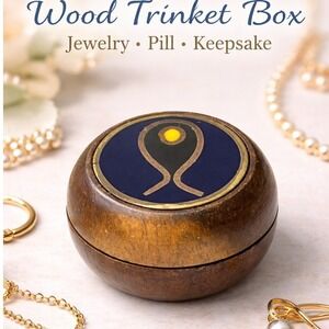 Vintage‎ Wood Trinket Box Brass Enamel Inlay Round Jewelry Pill Keepsake Blue